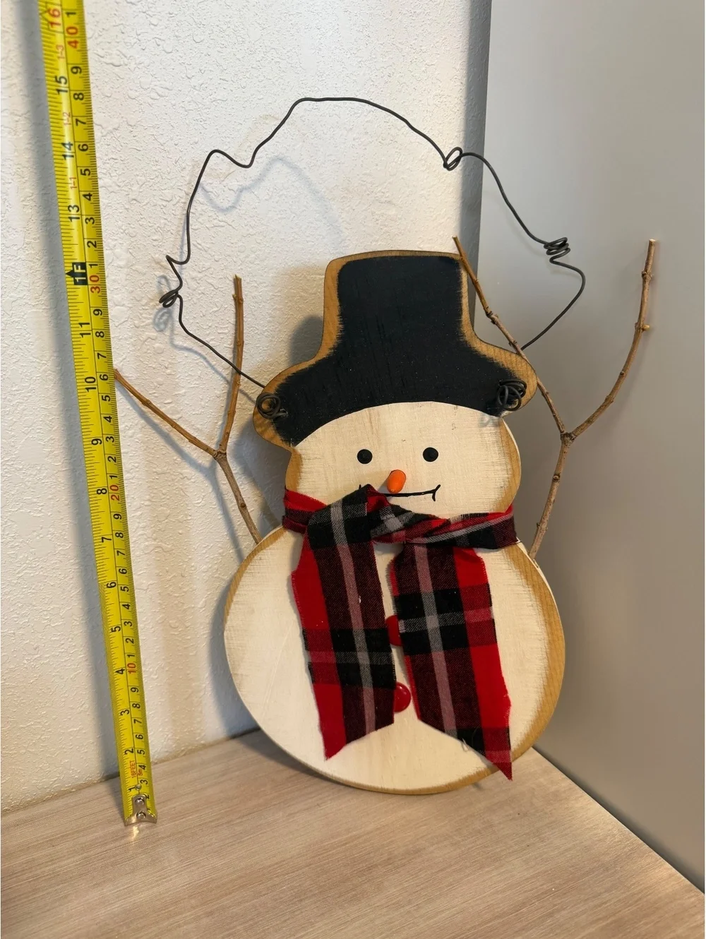 Rustic Wooden Snowman Wall Decor with Plaid Scarf and Wire Hanger